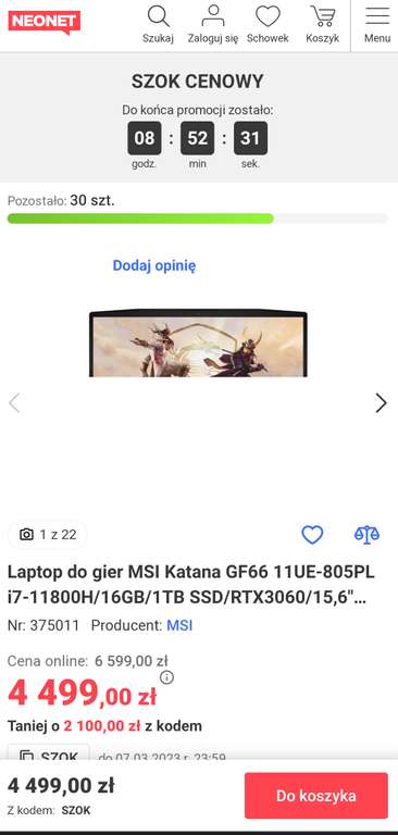 Laptop MSI Katana GF66 11UE-805PL i7-11800H/16GB/1TB SSD/RTX3060/15,6" FHD 144Hz/W11H