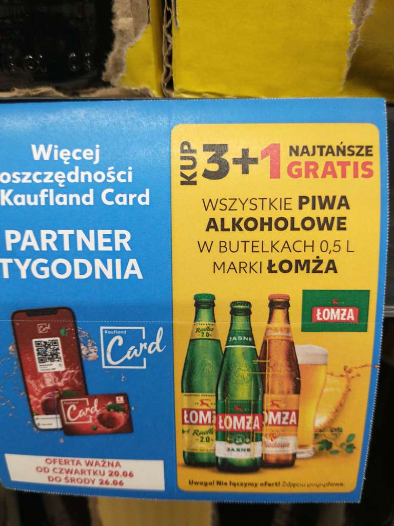 Kaufland 3 + 1 gratis piwo Łomża - każde z alkoholem