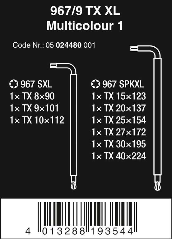 Wera 967/9 TX XL Multicolour 1 Torx - zestaw kluczy trzpieniowych z kulką, 9 sztuk