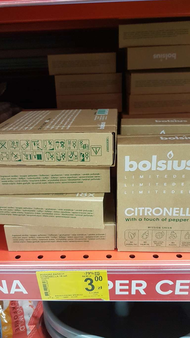 Świeczki zapachowe Citronella Bolsius, zielony knot 18 sztuk w Carrefour