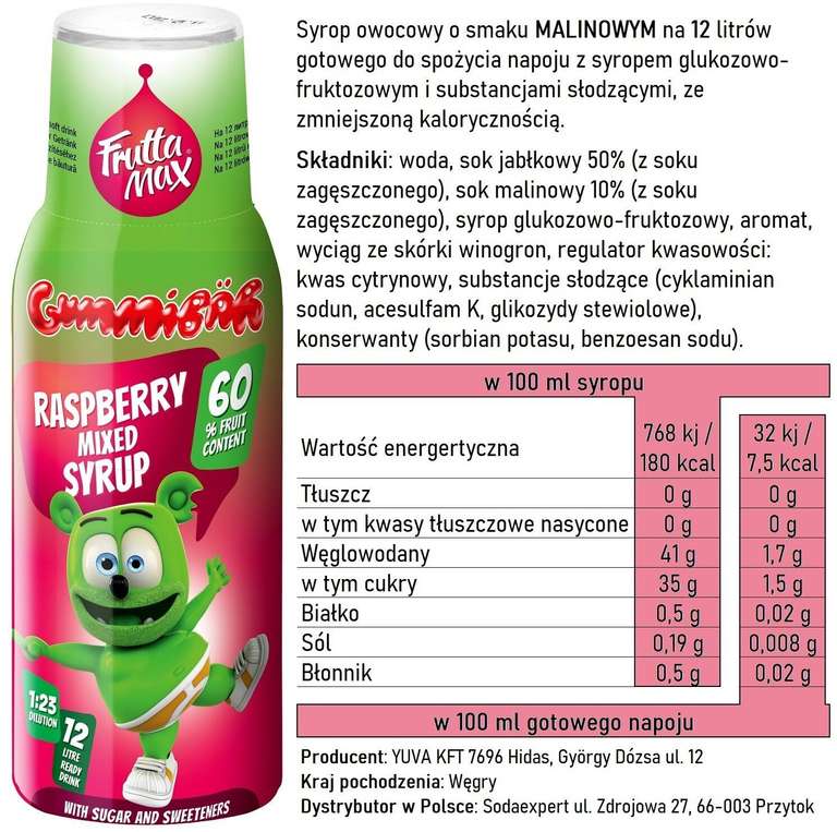 Syrop FruttaMax KIDS MALINA MIX 500 ml na 12 L (zamiennik SodaStream)