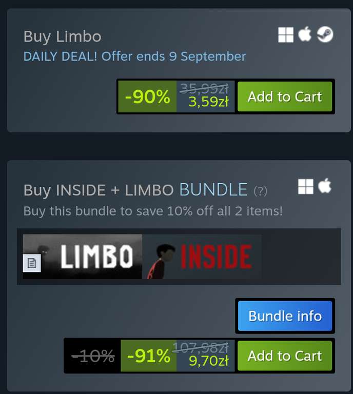 Gra Limbo za 3,59zł oraz Limbo + Inside za 9,70zł na Steam