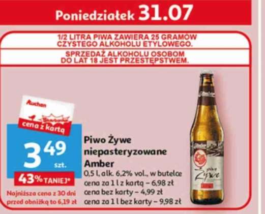 Piwo Żywe niepasteryzowane Amber 0,5L @Auchan