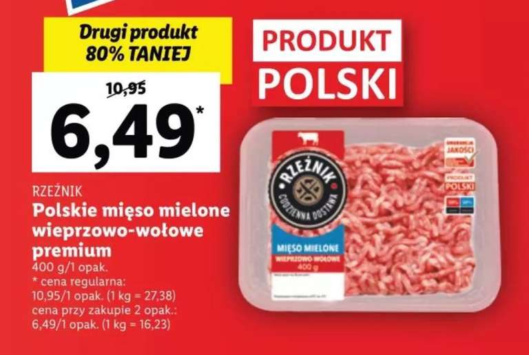 Polskie mięso mielone wieprzowo-wołowe premium Rzeźnik 400g *Przy zakupie dwóch* Lidl