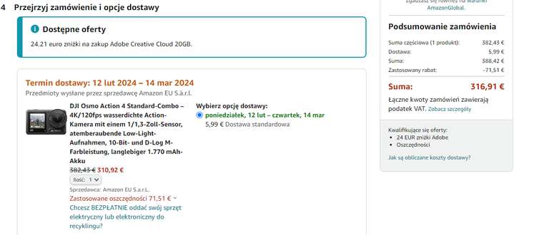DJI Osmo Action 4 Standard Combo 329 Euro Amazon.de (możliwe z dostawą 316,91 Euro = 1371zł)