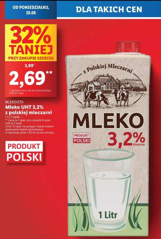 Mleko z Polskiej Mleczarni UHT 3.2% - przy zakupie 6 opak. | Lidl
