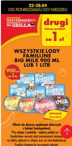 Wszystkie lody familijne big milk 900 lub 1000 ml - drugie opakowanie za 1 zł - Biedronka