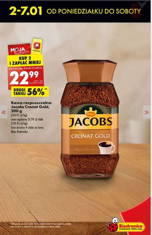Kawa rozpuszczalna Jacobs Cronat Gold 200g 22,99zł cena za słoik przy zakupie 2 szt. z kartą Moja Biedronka