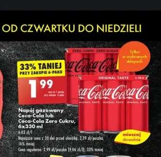 Coca-Cola w puszce zwykła lub bez cukru po 1.99 przy zakupie 6-paku w wybranych sklepach biedronka