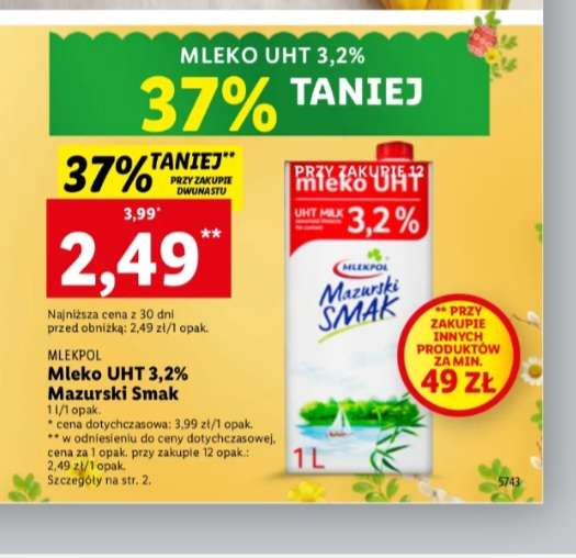 Mleko UHT 3,2% Mazurski Smak ,przy zakupie 12 szt (MWZ 49zł) Lidl
