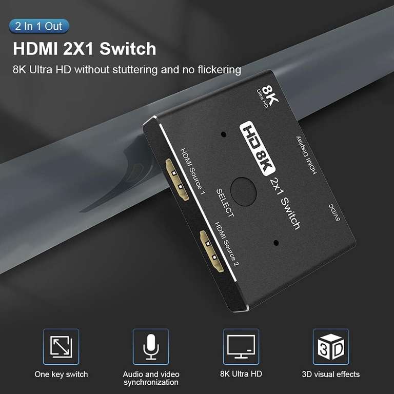 CableDeconn Switch HDMI Ultra HD 8K HDMI 2.1 High Speed 48 Gb/s, przełącznik kierunkowy, 1 wyjście 8K przy 60 Hz 4K przy 120 Hz