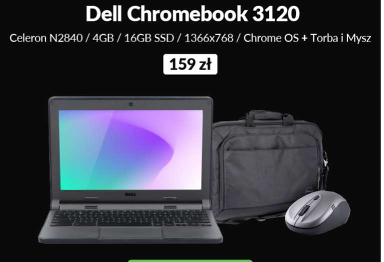 Poleasingowy Laptop Dell Chromebook 3120 Celeron N2840 4GB 16GB 1366x768 Klasa A- Chrome OS + Torba + Mysz