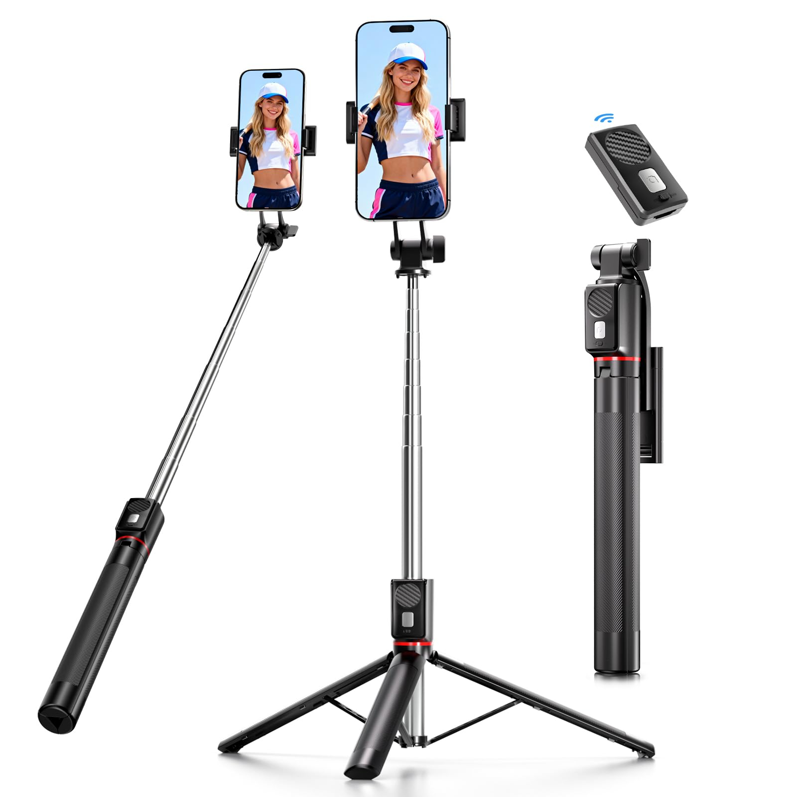 Statyw i kij do Selfie, 170 cm przenośny stojak do smartfona z bezprzewodowym pilotem, kompatybilny z iPhone/Android