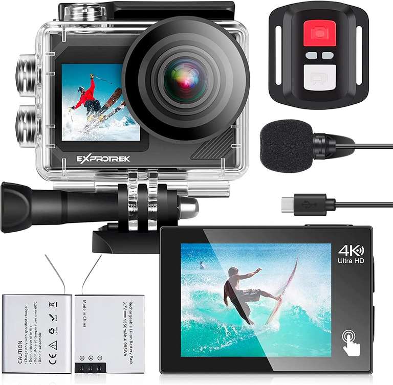 Exprotrek E-A-F Kamera sportowa, 4K 30 kl./s, Ultra HD, wodoszczelna kamera podwodna 40 m,