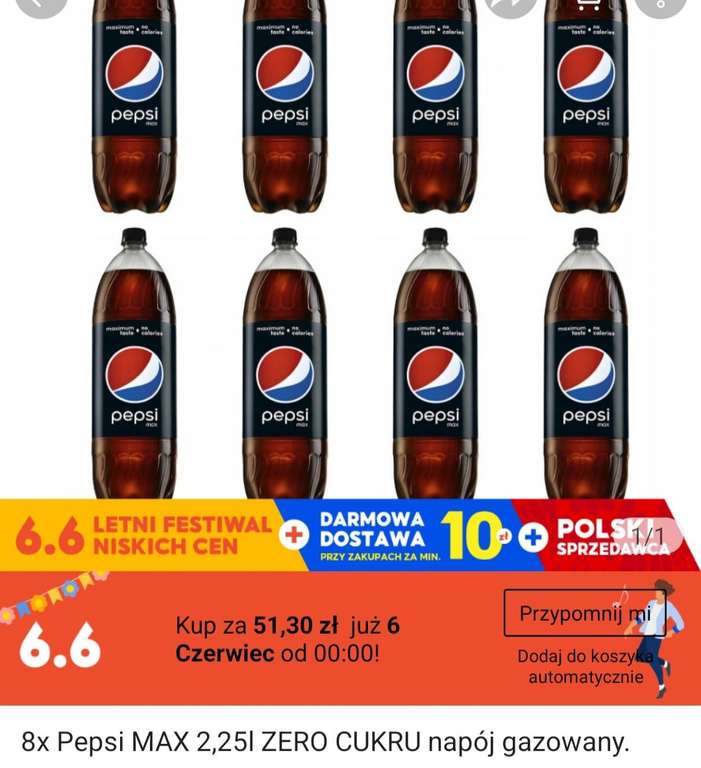 8x Pepsi MAX 2,251 ZERO CUKRU napój gazowany 49 zł z kuponem Shopee
