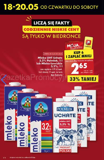 Mleko UHT 3,2% 1L cena 1 przy zakupie 6 sztuk @Biedronka