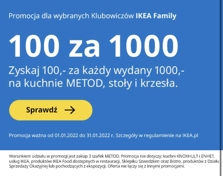 Kuchnie Ikea bon 100 zł za wydany 1000 zł (kuchnie, stoły, krzesła)
