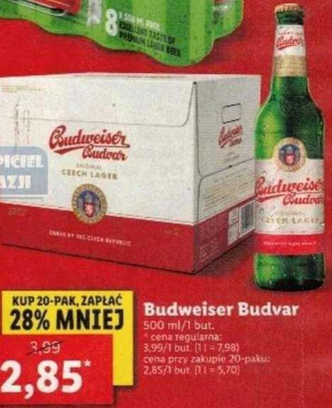 Lidl Piwo Budweiser Budvar 0,5 l 2,85 zł z 3,99 zł przy zakupie 20 butelek bezzwrotnych