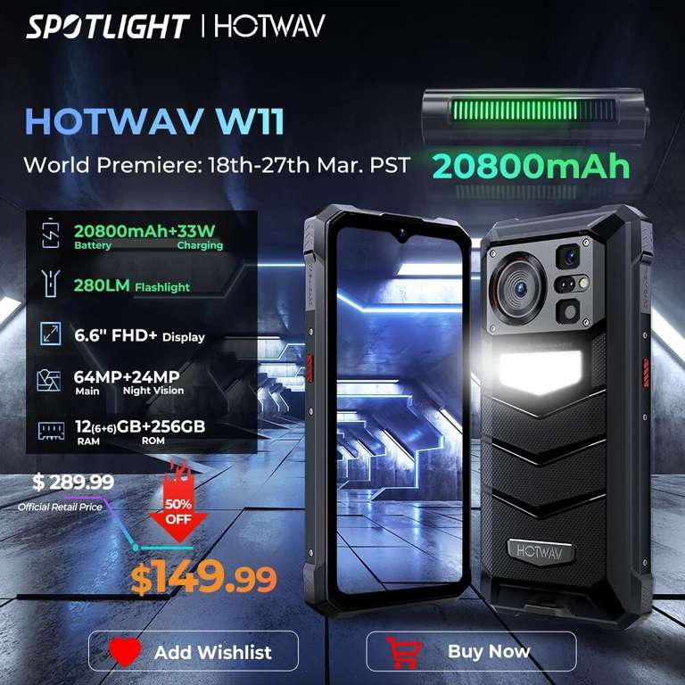 Pancerny smartfon HOTWAV W11 Rugged bateria 20800 mAh - 153.74$