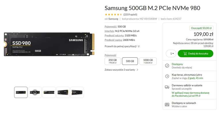 Dysk SSD Samsung 500GB M.2 PCIe NVMe 980