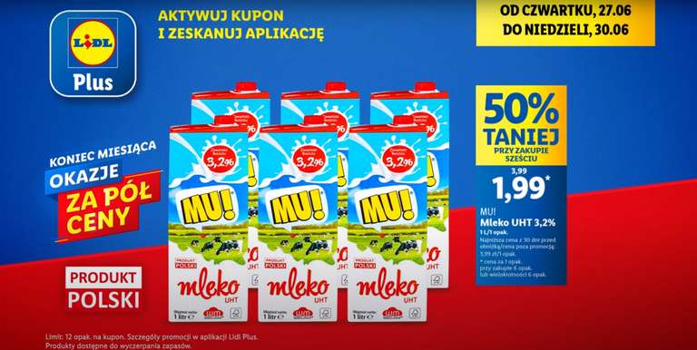 Mleko UHT MU! 1L 3,2% przy zakupie 6 @Lidl