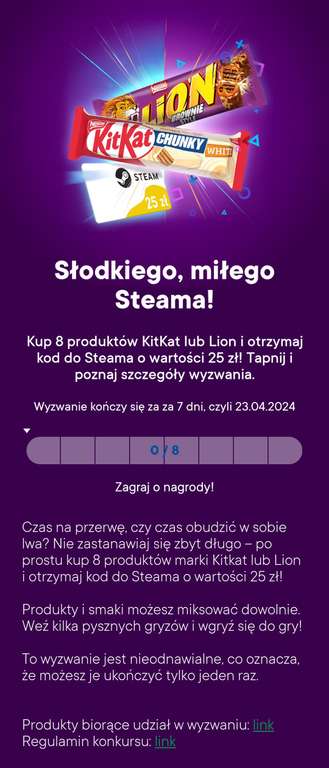 Żabka, Kup 8 produktów KitKat lub Lion i otrzymajkod do Steama o wartości 25 zł!