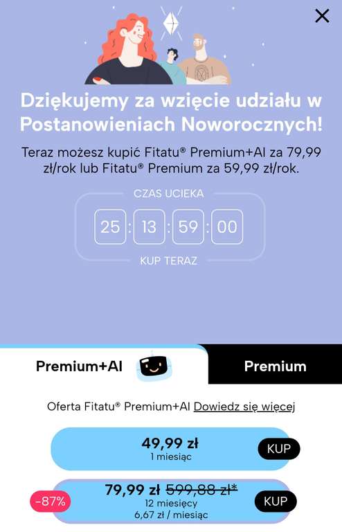 Fitatu Premium 59,99 zł za rok, Premium+AI 79,99 zł za rok.