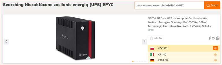 Zasilacz awaryjny UPS EPYC NEON Moc 650VA / 360W i inne