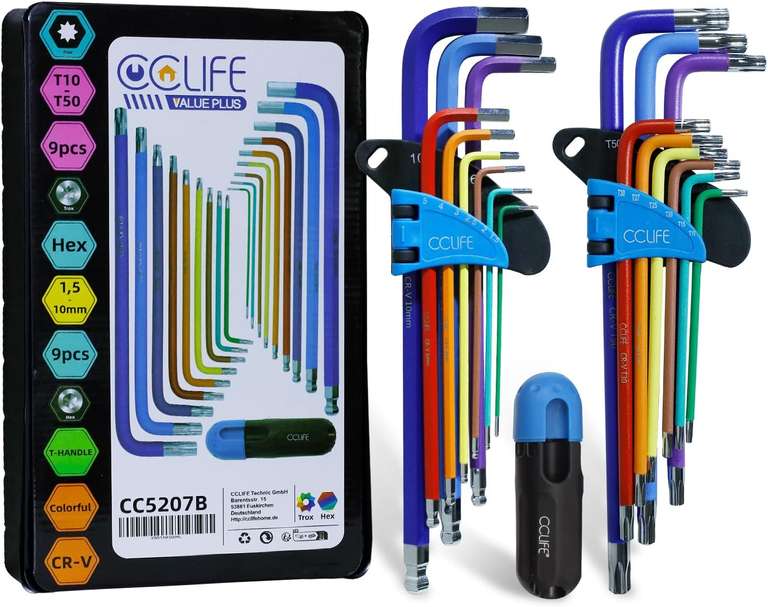 CCLIFE 18-częściowy zestaw kluczy imbusowych Torx z uchwytem, klucz imbusowy TX | 1,5 mm-10 mm i T10-T50 | Cr-V