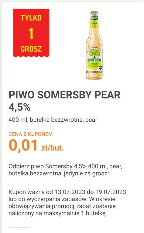 Piwo Somersby Pear 400 ml za 1 grosz - kupon w aplikacji Delikatesy Centrum, *prawdopodobnie wybrane konta.