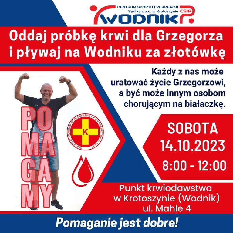 Oddaj próbkę krwi dla Grzegorza i pływaj na Wodniku w Krotoszynie za złotówkę