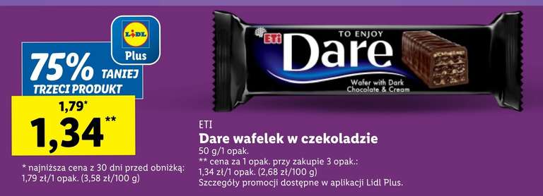LIDL (-75% / 3 szt.) "Dare" wafelek czekoladowy (50g) - 1,34 PLN/ szt.