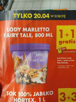 Lody Marletto Fairy Tale 800ml 1+1 gratis 9,99 szt i Sok jabłkowy Hortex 1l 3+3 gratis 1,99 szt sobota 20.04 Biedronka