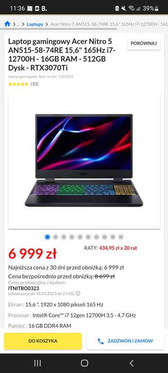 Laptop gamingowy Acer Nitro 5 AN515-58-74RE 15,6" 165Hz i7-12700H - 16GB RAM - 512GB Dysk - RTX3070Ti