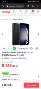 Smartfon SAMSUNG GALAXY S23+ wersja 512gb w cenie 256gb możliwe 4929zł na raty