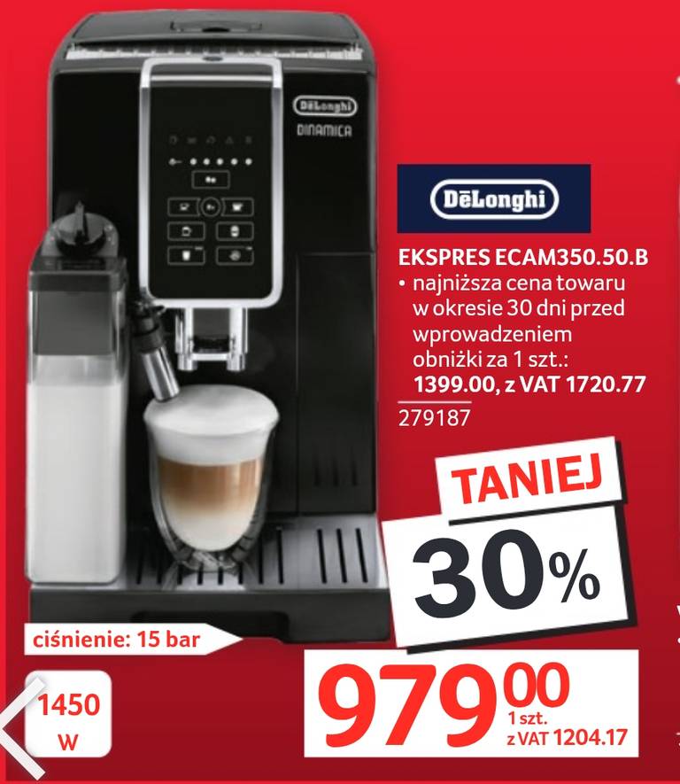 Ekspres automatyczny do kawy DeLonghi Dinamica ECAM350.50.B (lub ECAM350.75S) stacjonarnie @Selgros