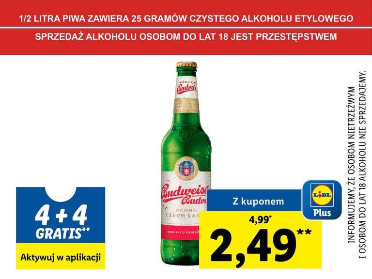 Piwo Budweiser 500ml butelka 4 + 4 gratis Lidl