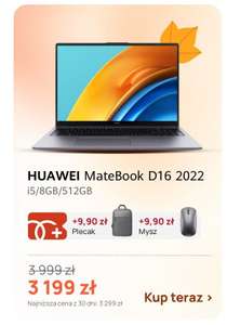 HUAWEI MateBook D16 2022 - Windows 11 Home/Intel i5-12450H/8 GB/512 GB SSD/matryca 300 nitów + etui, mysz, plecak