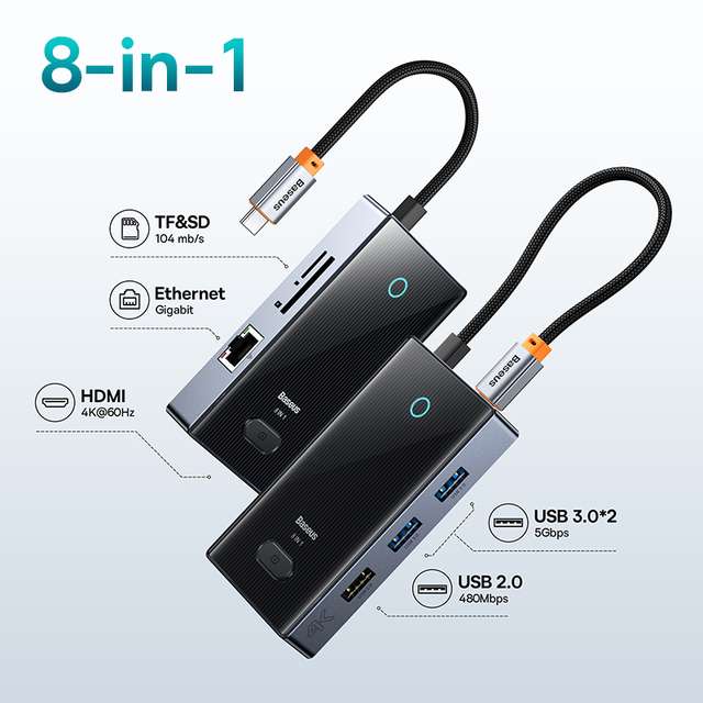Hub Baseus 8 w 1 USB C (PD 100W, TF&SD, HDMI 4K, Ethernet, 2x USB 3.0, USB 2.0) $27.50