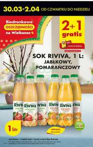 Sok jabłkowy lub pomarańczowy RIVIVA, w butelce 1L ( 2+1 gratis). BIEDRONKA