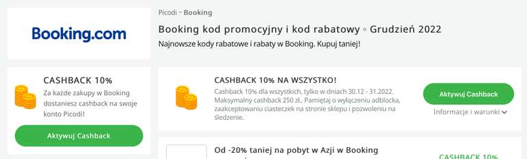 Cashback 10% za rezerwacje noclegów na Booking.com przez Picodi (maksymalny zwrot: 250 zł)