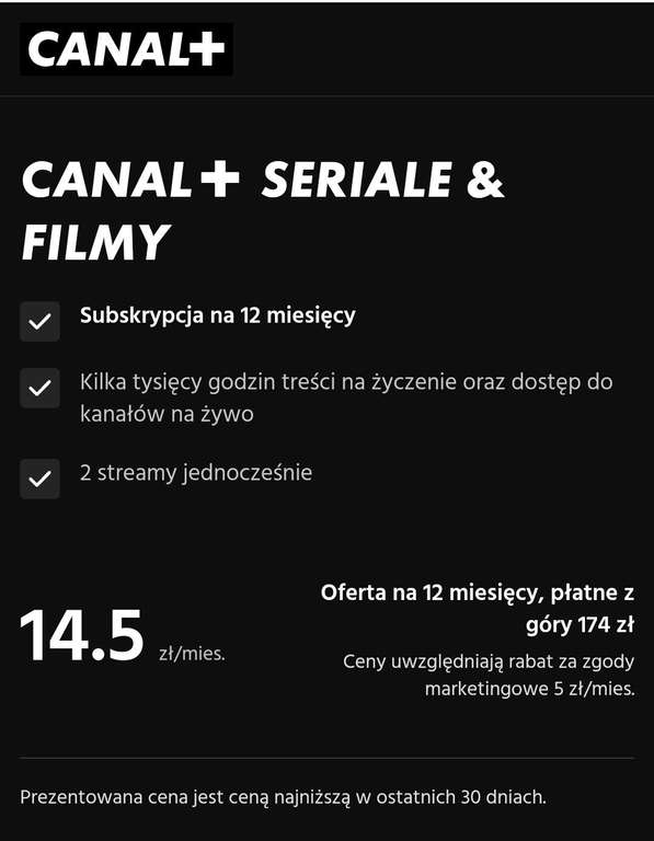 Canal+ filmy, seriale, tv na żywo (cena za 1 m-c, subskrypcja na rok 174zł)