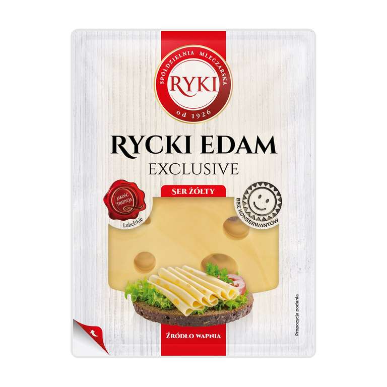 Ser żółty RYCKI EDAM w plastrach 135g (25,85zł/kg). Biedronka