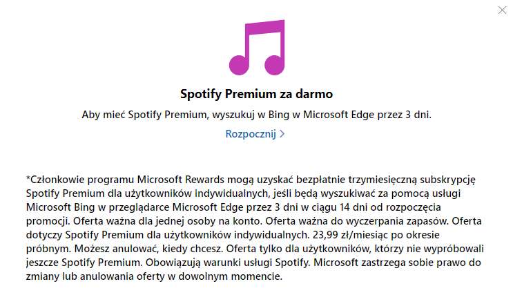 Spotify Premium 3 miesiące za darmo dla nowych w Microsoft Bing