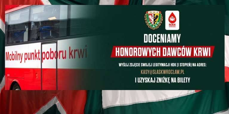 Oddaj krew i odbierz zniżkę na mecze piłki nożnej PKO Ekstraklasy WKS Śląsk Wrocław (Zniżka dla HDK)