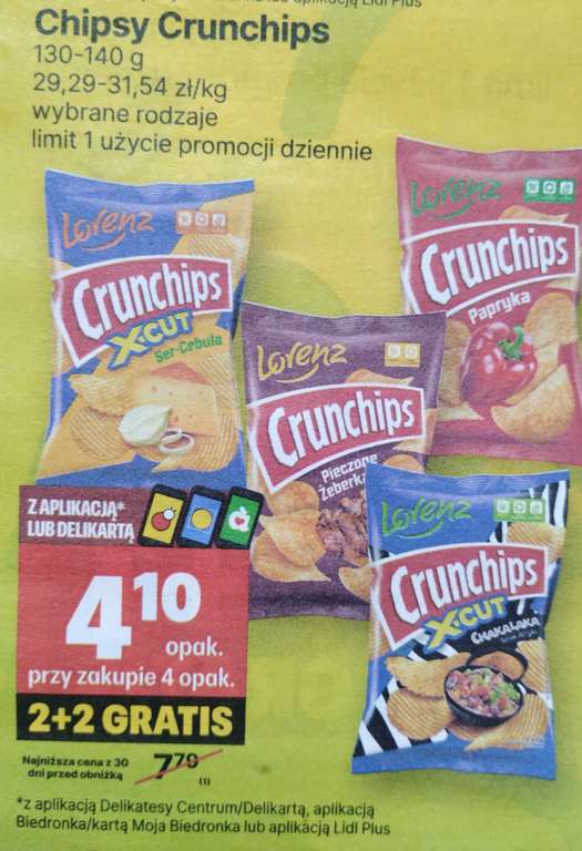 Chipsy Crunchips 130-140g wybrane rodzaje 2+2 gratis (cena za 1szt. przy zakupie 4szt.)@Delikatesy Centrum