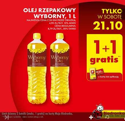 Olej rzepakowy Wyborny 1+1 Gratis, 4,39 zł za szt Biedronka