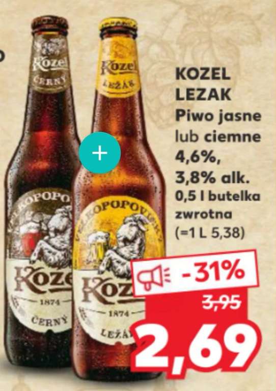 Piwo Kozel Lezak (jasne 4,6%) lub Cerny (ciemne 3,8%) - butelka 0,5L