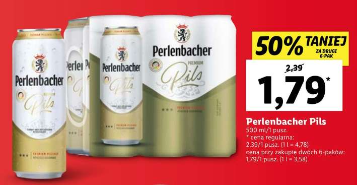 Piwo Perlenbacher pils puszka 0,5L cena sztuki przy zakupie dwóch 6-paków @Lidl