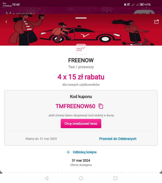 FREENOW 4x15 zł dla nowych, realizacja do 31.03.2024, ważność kuponów 30 dni od dodania w apce FN